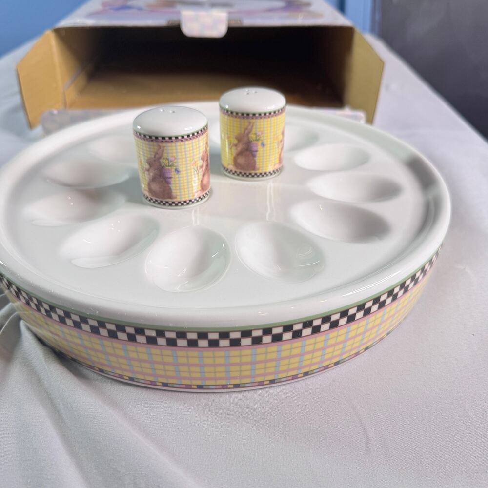 Debbie Mumm Sakura Egg Server Plate w Salt Pepper Shakers Spring Easter